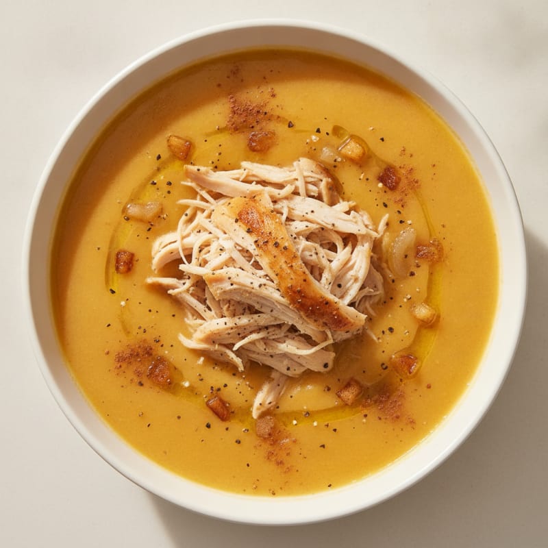 Roasted Butternut Squash and Apple Soup with Shredded Chicken