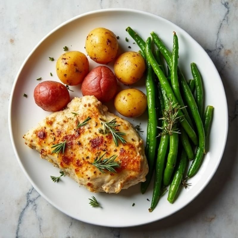 Lemon Herb Roasted Chicken with Crispy Roasted Potatoes and Garlicky Green Beans