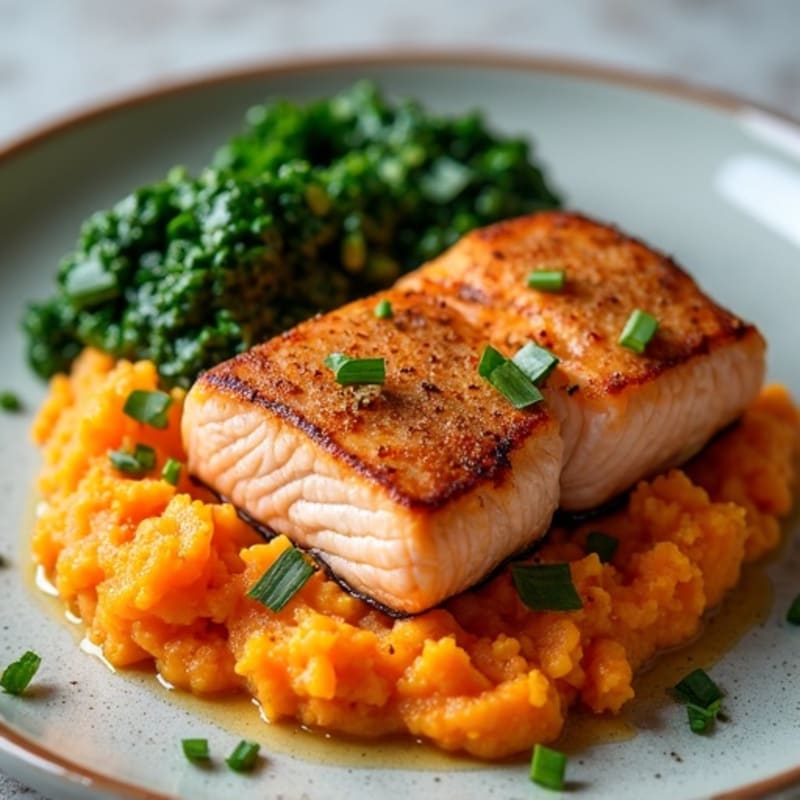 Seared Salmon Fillet with Garlic Spinach and Sweet Potato Mash