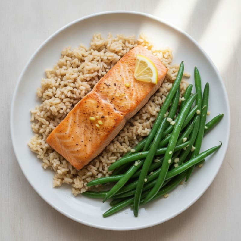 Seared Salmon with Garlic Green Beans and Brown Rice