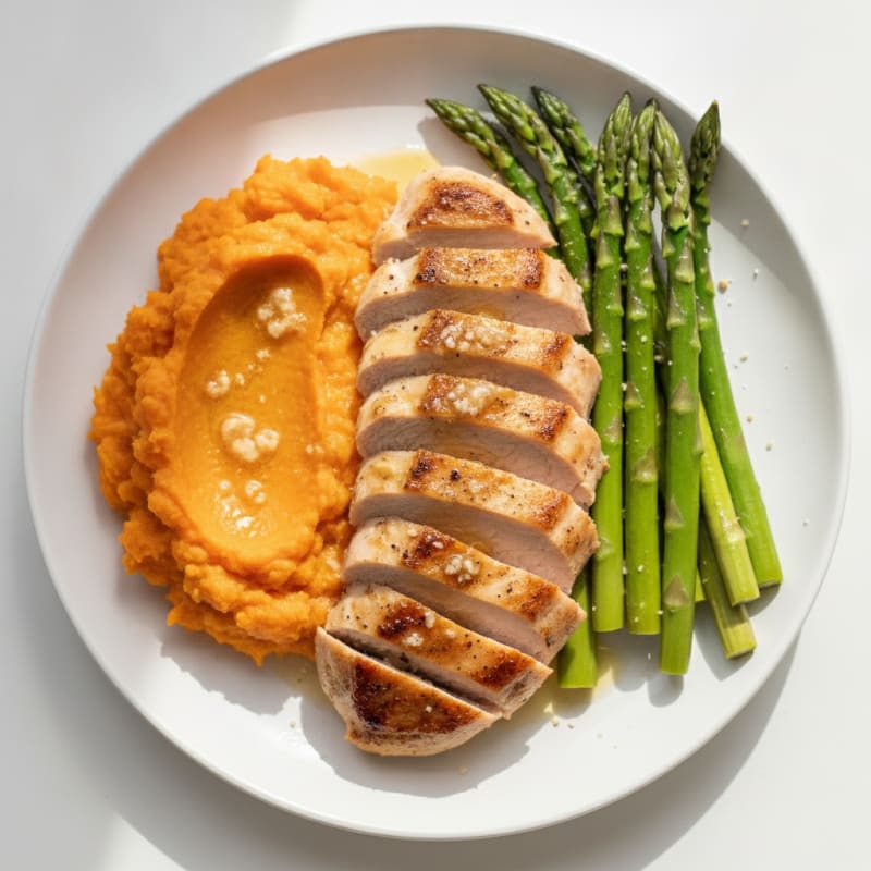 Seared Turkey Breast with Steamed Asparagus and Sweet Potato Mash