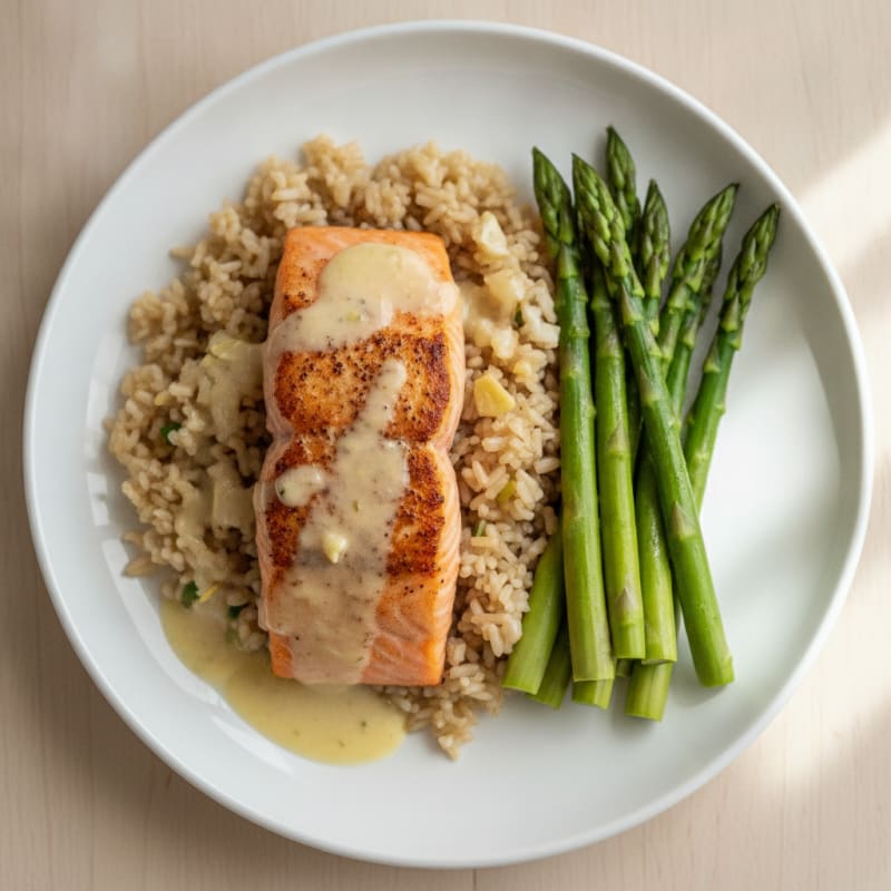 Seared Salmon with Steamed Asparagus and Garlic Brown Rice