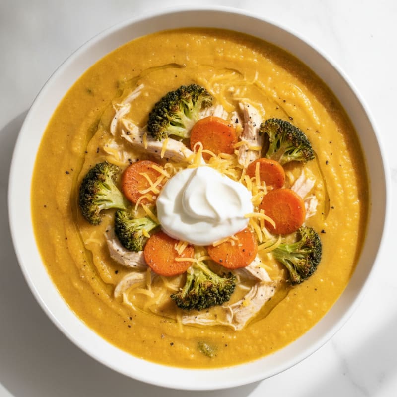 Roasted Carrot Broccoli Cheddar Soup