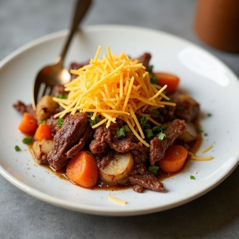 Roast Beef and Crispy Root Vegetable Hash with Melted Cheddar