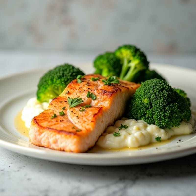 Seared Salmon with Steamed Broccoli and Garlic Cauliflower Mash
