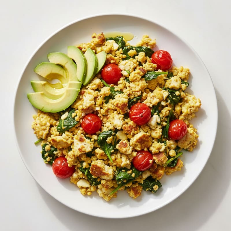 Crispy Tofu Scramble with Spinach and Cherry Tomatoes