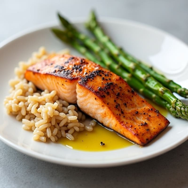 Seared Salmon with Steamed Asparagus and Brown Rice