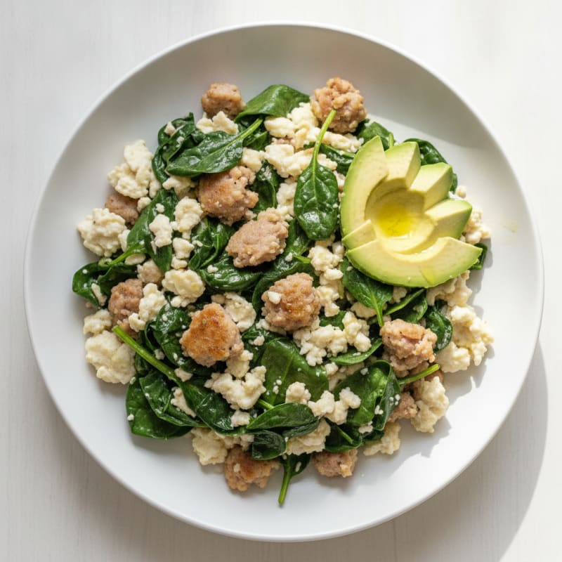 Egg White and Turkey Sausage Scramble with Sautéed Spinach