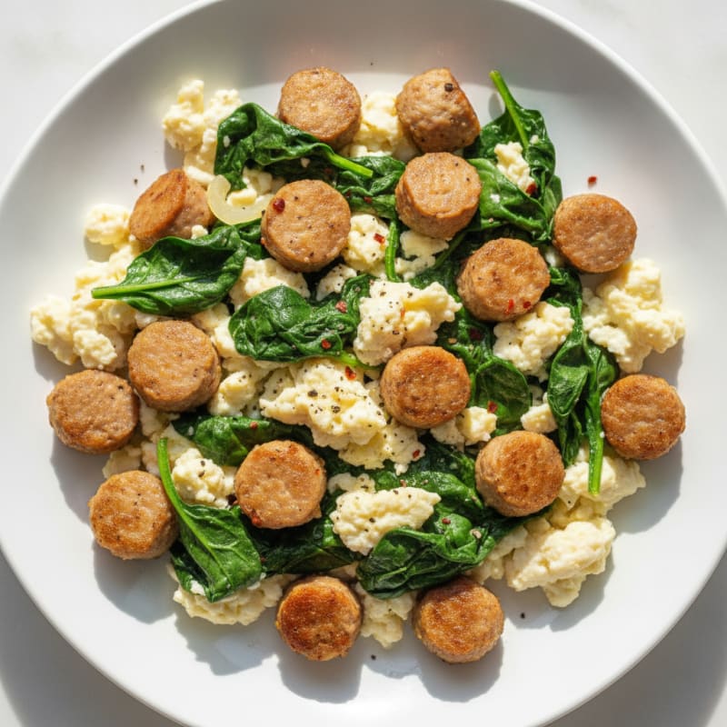 Egg White Scramble with Turkey Sausage and Sautéed Spinach