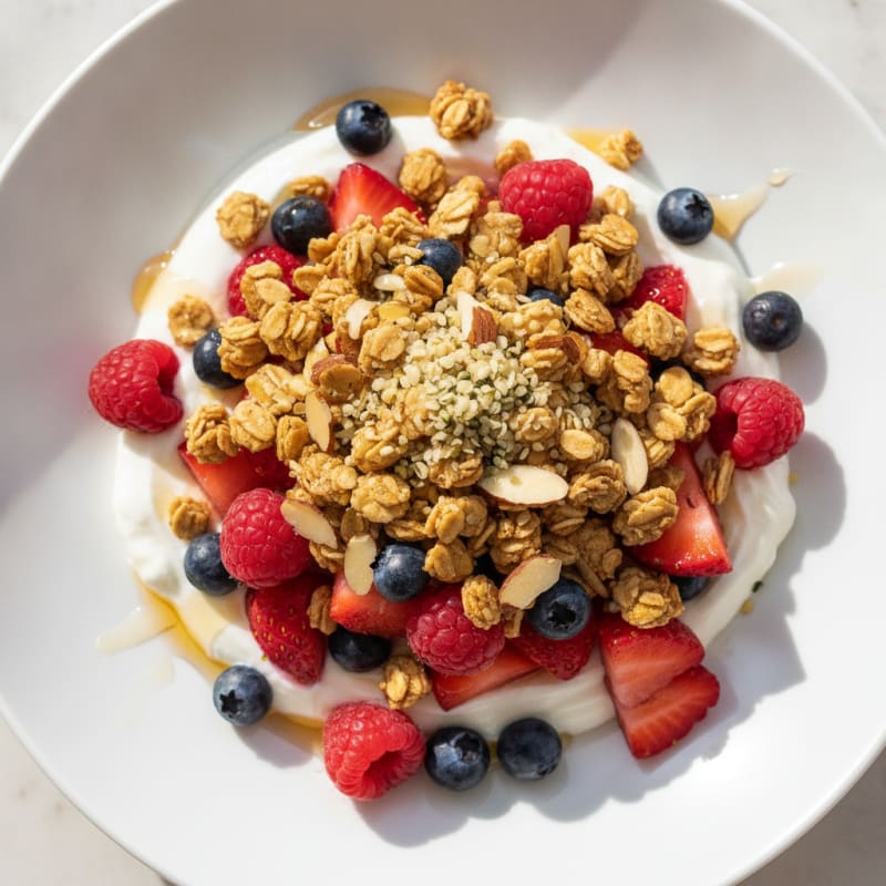 Creamy Greek Yogurt Parfait with Mixed Berries and Crunchy Almond Granola