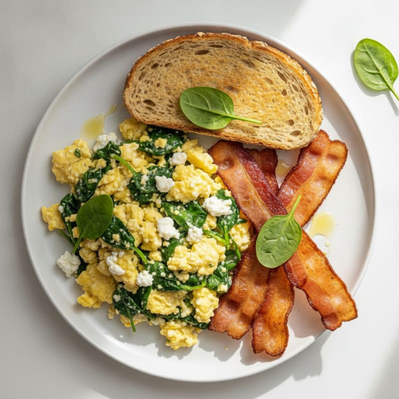 Cottage Cheese Scramble with Spinach and Turkey Bacon