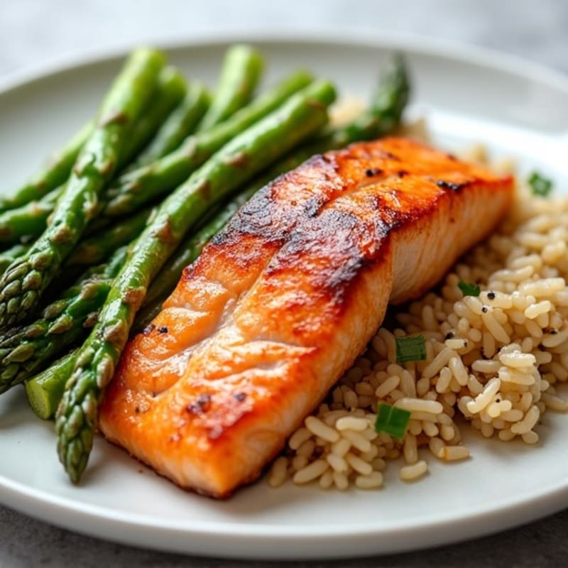 Seared Salmon with Steamed Asparagus and Brown Rice