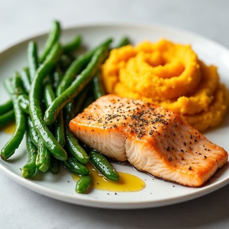 Seared Salmon with Garlic Green Beans and Mashed Sweet Potatoes