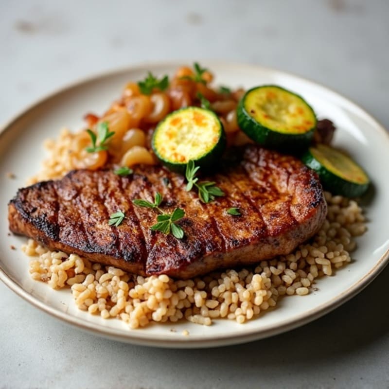 Seared Steak with Roasted Zucchini Onions and Fluffy Brown Rice