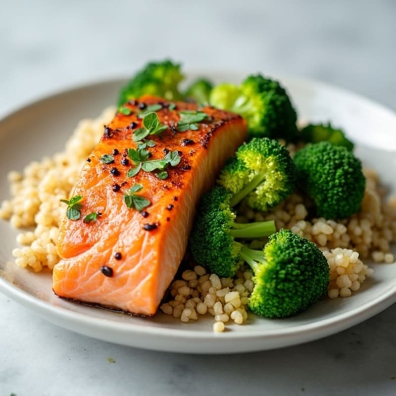 Seared Salmon Fillet with Steamed Broccoli and Quinoa