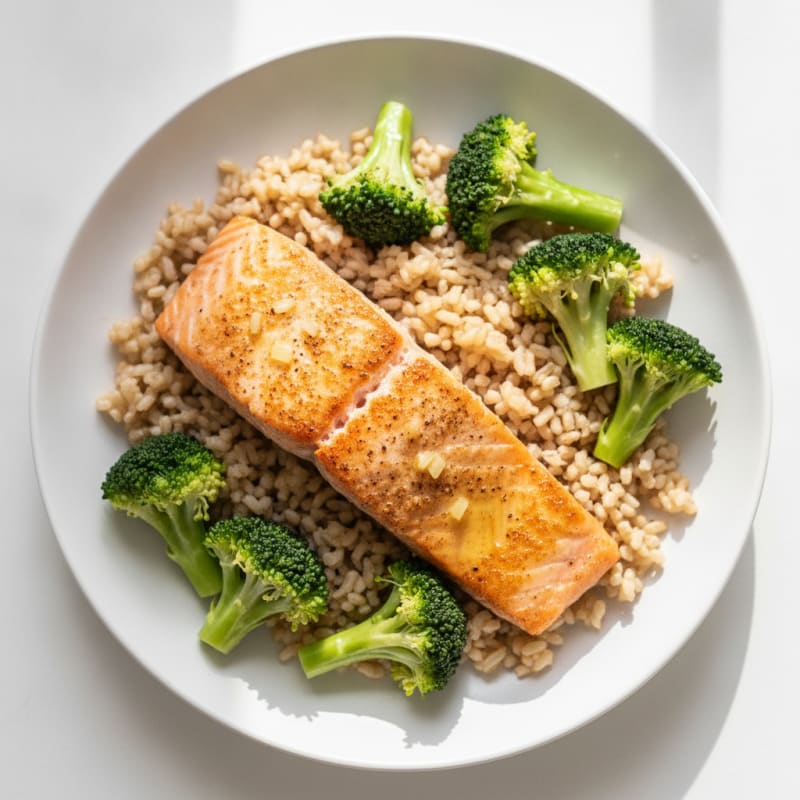 Seared Salmon with Steamed Broccoli and Brown Rice