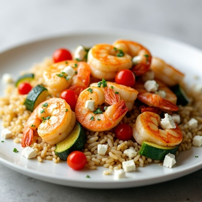 Garlic Shrimp with Zucchini, Tomato, Feta, and Brown Basmati Rice