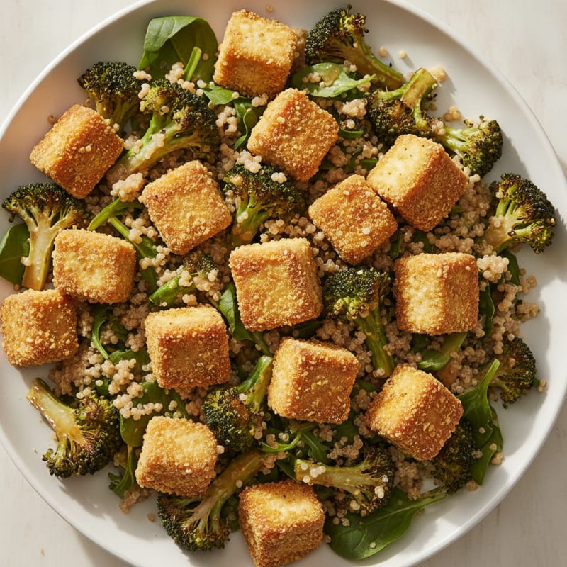 Crispy Tofu and Quinoa Salad with Roasted Broccoli