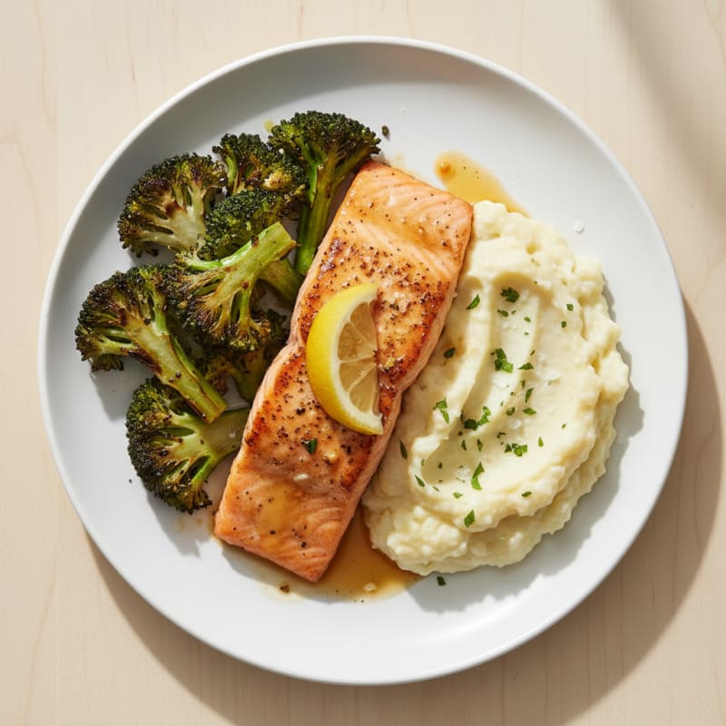 Seared Salmon with Roasted Broccoli and Garlic Mashed Cauliflower