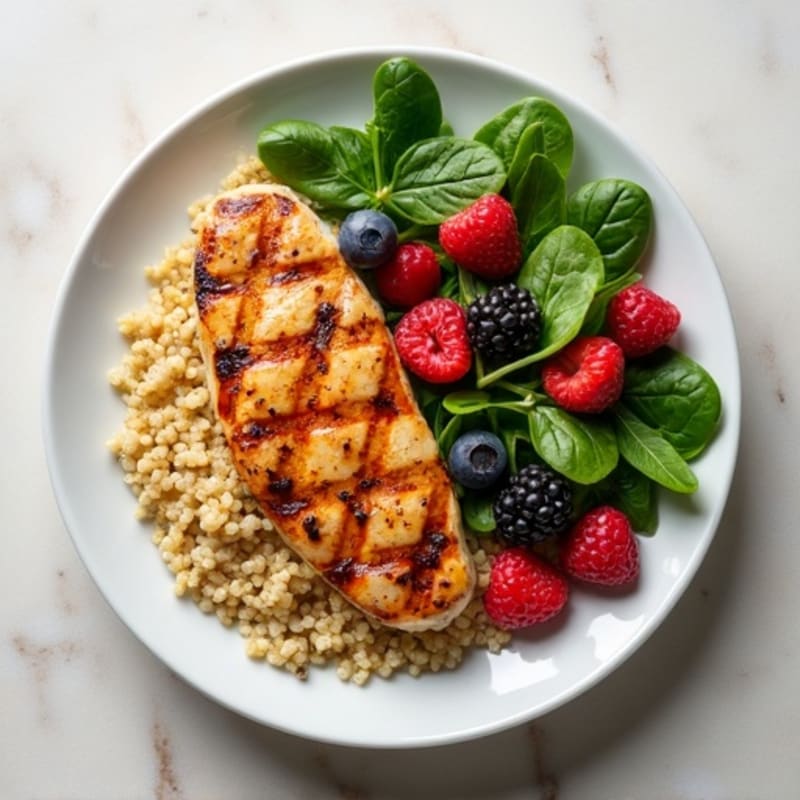Grilled Chicken Breast with Quinoa and Fresh Berry Spinach Salad