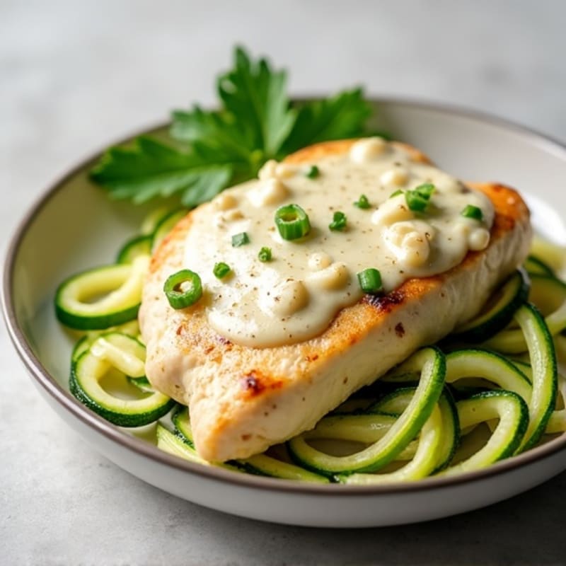 Creamy Cauliflower Alfredo Chicken with Zucchini Noodles