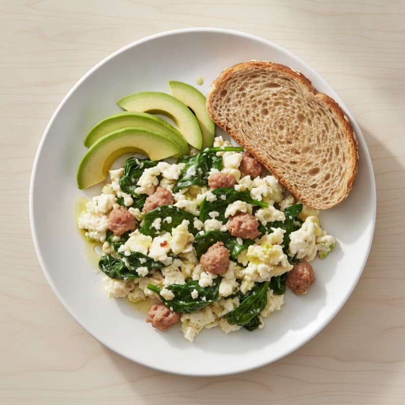 Egg White and Turkey Sausage Scramble with Sautéed Spinach