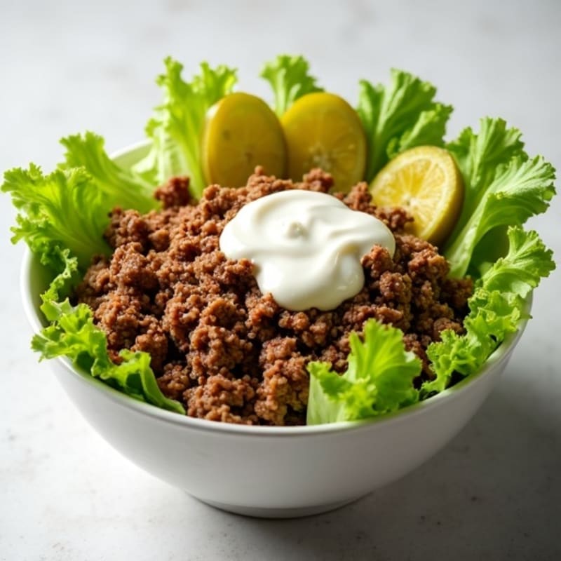 Lean Ground Beef Bowl with Fresh Lettuce, Pickles, and Creamy Tangy Dressing