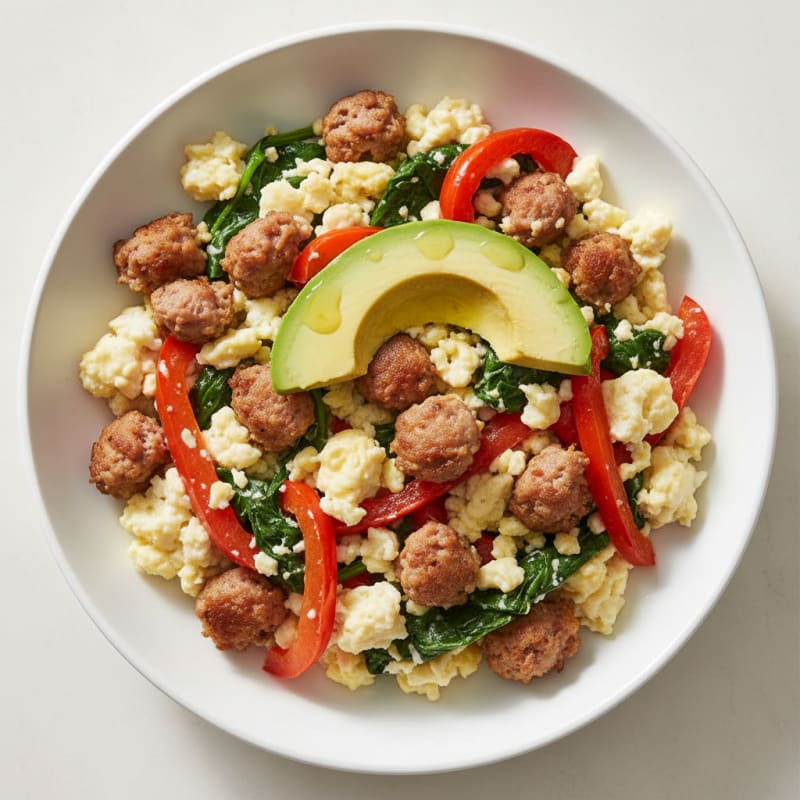 Egg White and Turkey Sausage Scramble with Sautéed Spinach