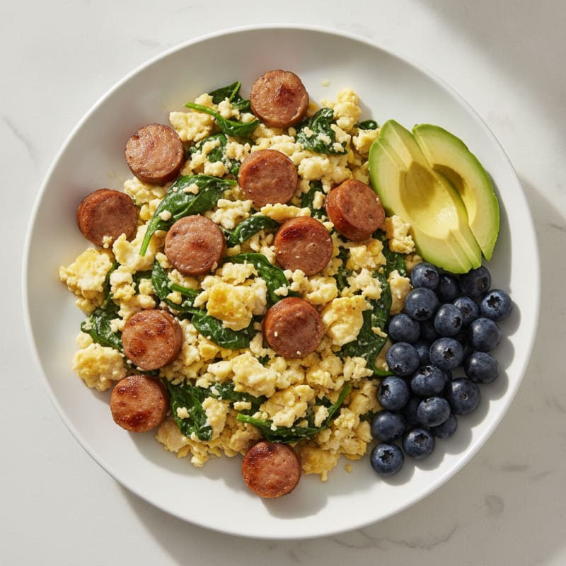 Egg White and Turkey Sausage Scramble with Baby Spinach