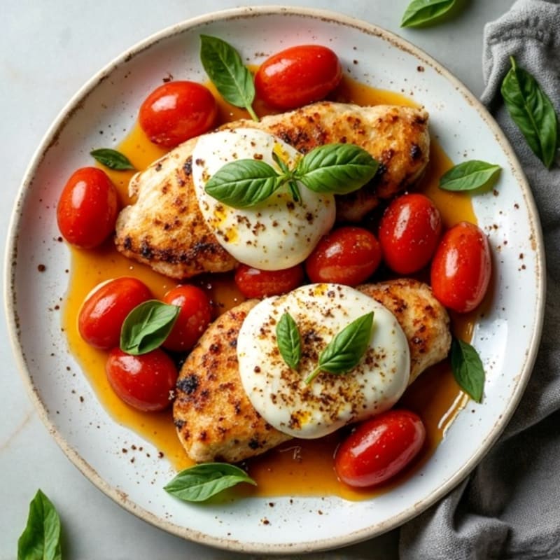 Sheet Pan Chicken with Roasted Tomatoes, Fresh Mozzarella, and Basil