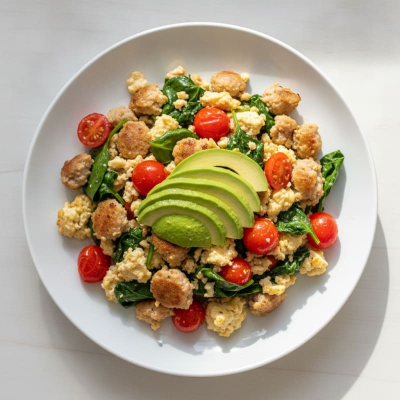 Egg White and Turkey Sausage Scramble with Spinach and Cherry Tomatoes