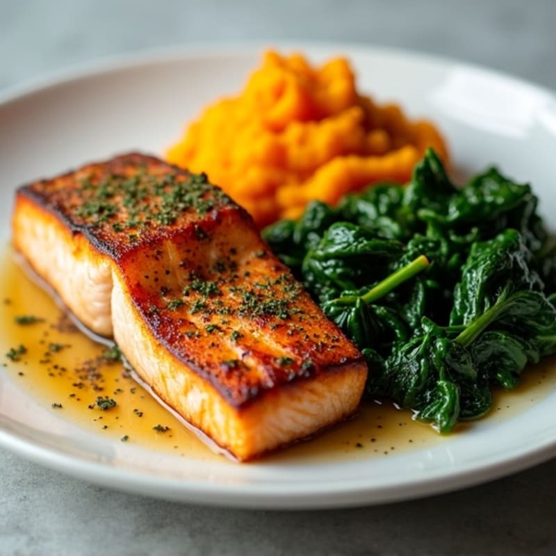 Seared Salmon Fillet with Garlic Sautéed Spinach and Sweet Potato Mash