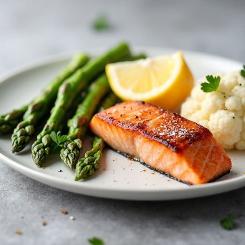Seared Salmon Fillet with Roasted Asparagus and Cauliflower Mash