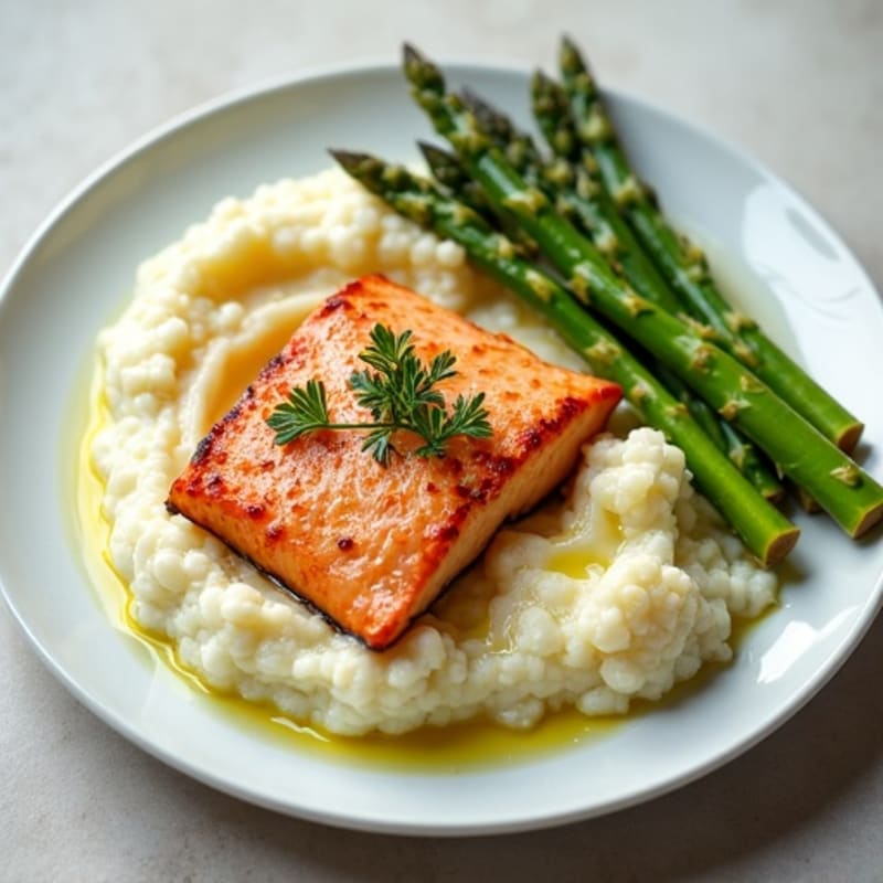 Seared Salmon with Steamed Asparagus and Garlic Mashed Cauliflower