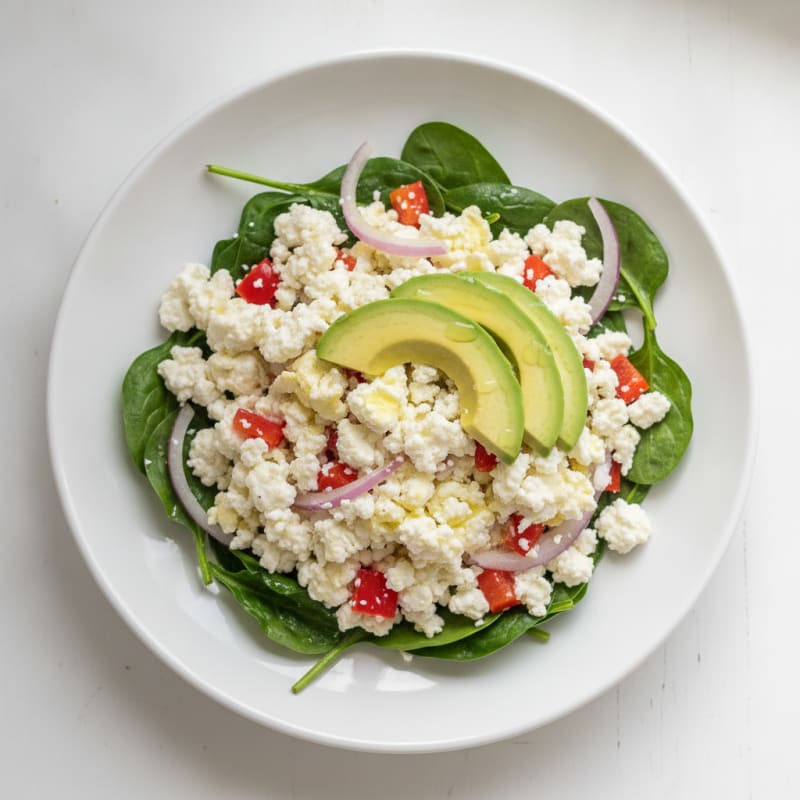 Egg White Veggie Scramble with Cottage Cheese and Sautéed Spinach