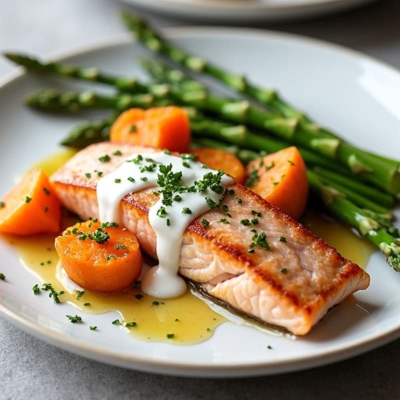 Seared Salmon Fillet with Roasted Sweet Potato and Asparagus