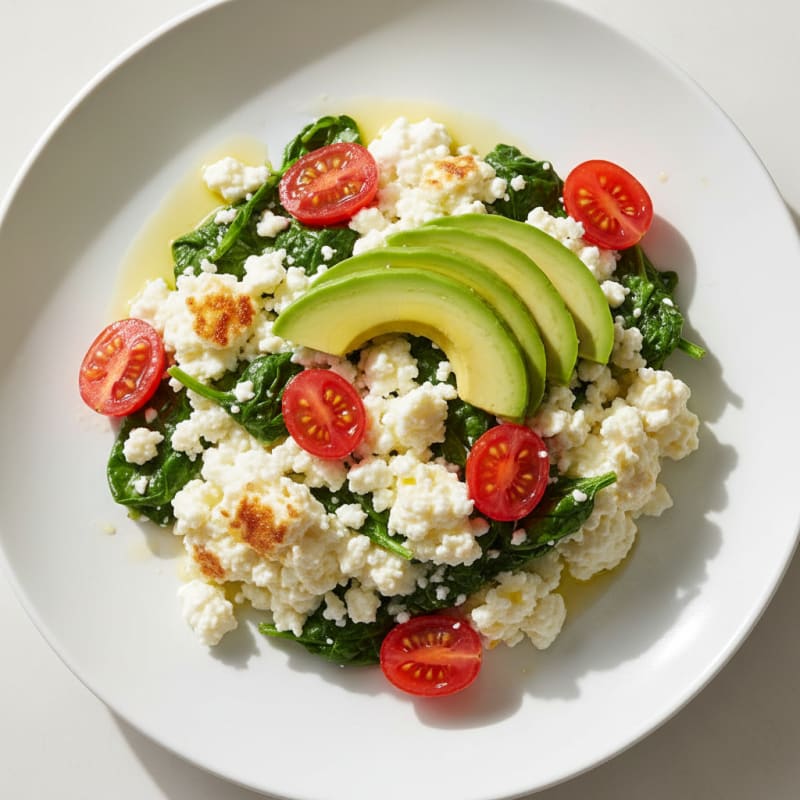 Cottage Cheese Egg White Scramble with Spinach and Cherry Tomatoes