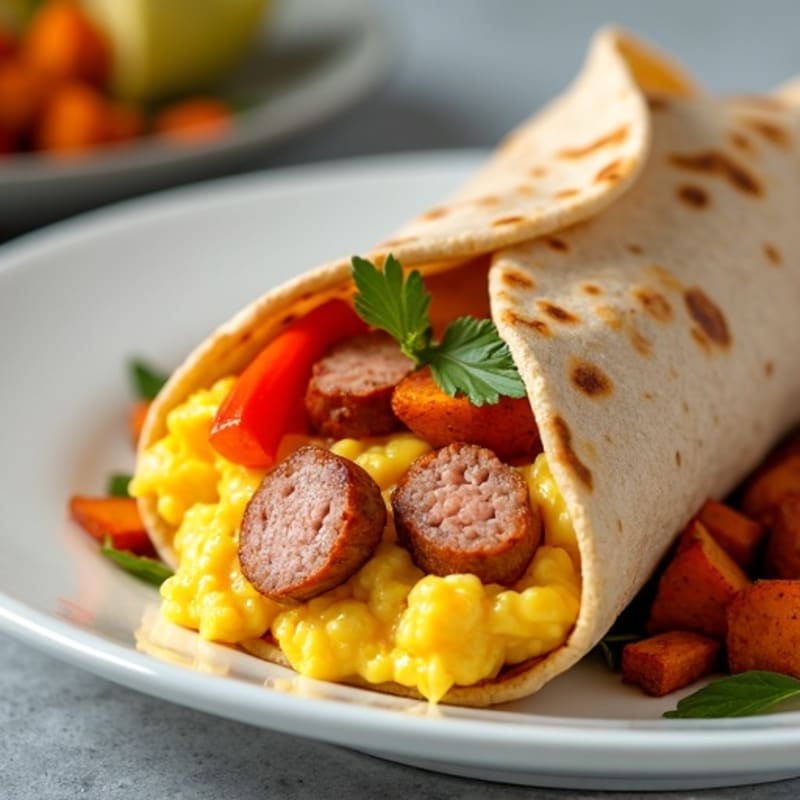 Protein-Packed Egg and Lean Turkey Sausage Burrito with Crispy Sweet Potatoes
