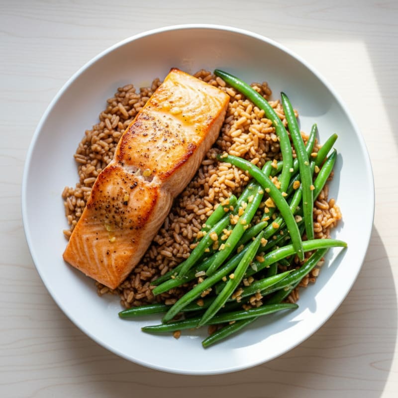 Seared Salmon with Garlic Green Beans and Brown Rice