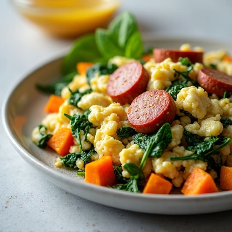 Egg White and Turkey Sausage Scramble with Spinach and Roasted Sweet Potato