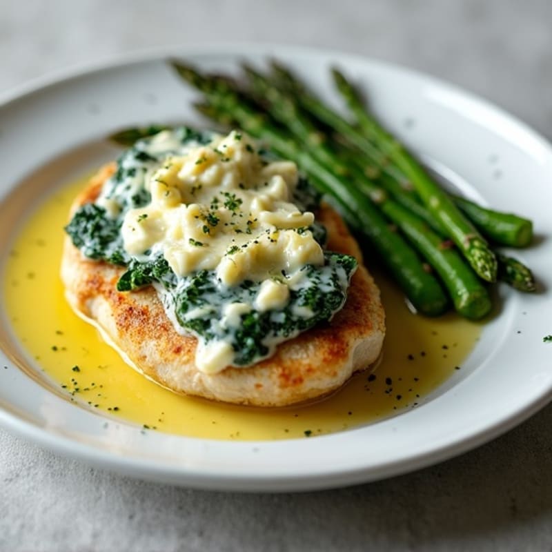 Creamy Spinach Artichoke Baked Chicken with Roasted Asparagus