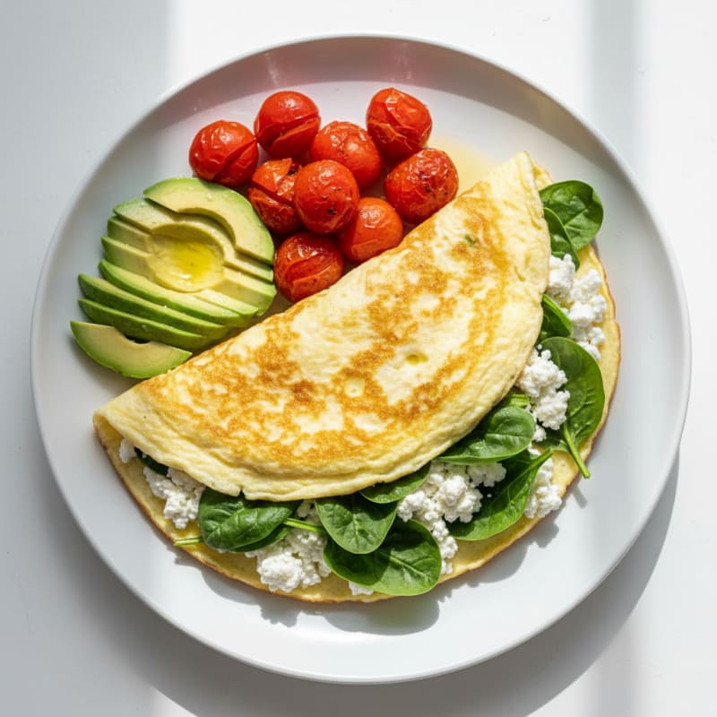 Egg White Spinach Omelette with Cottage Cheese and Cherry Tomatoes