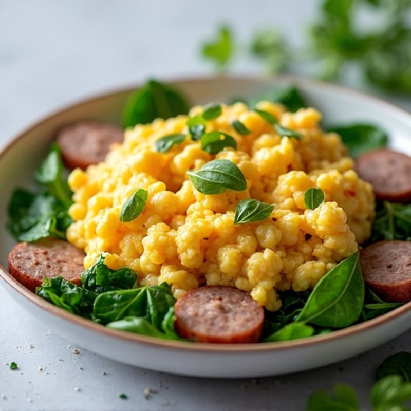 Egg White and Spinach Scramble with Turkey Sausage