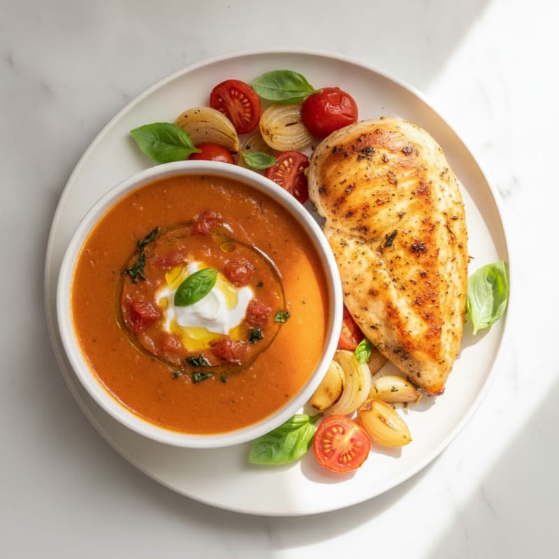 Roasted Tomato Basil Soup with Herb Chicken