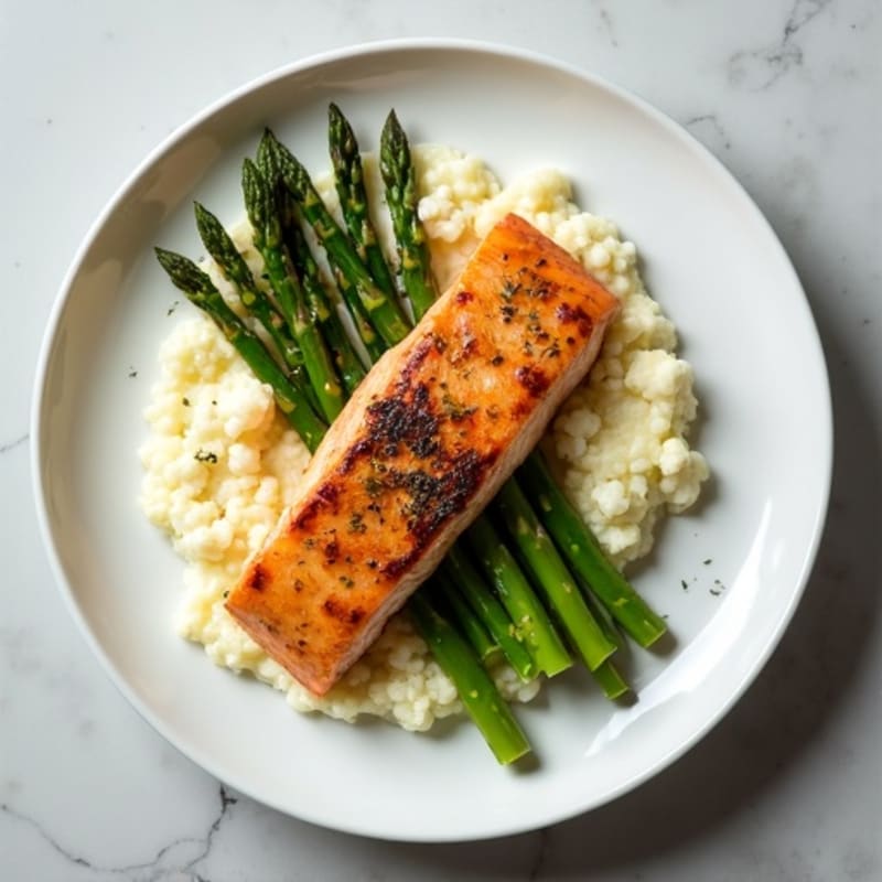 Seared Salmon with Steamed Asparagus and Cauliflower Mash