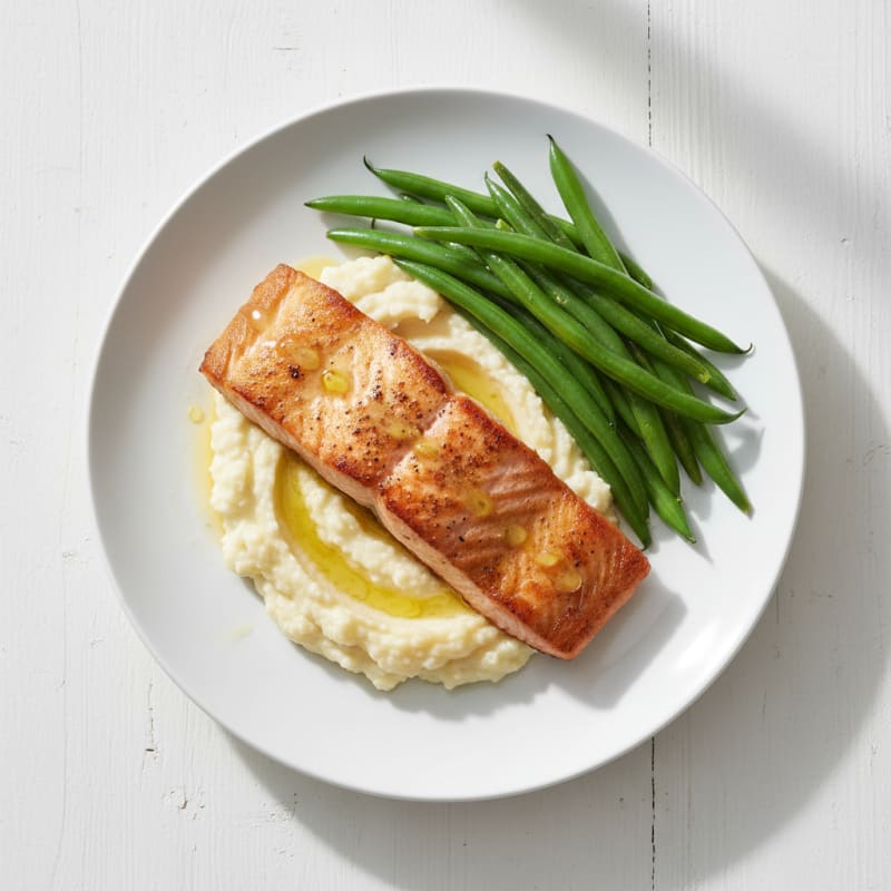 Seared Salmon with Steamed Green Beans and Garlic Mashed Cauliflower