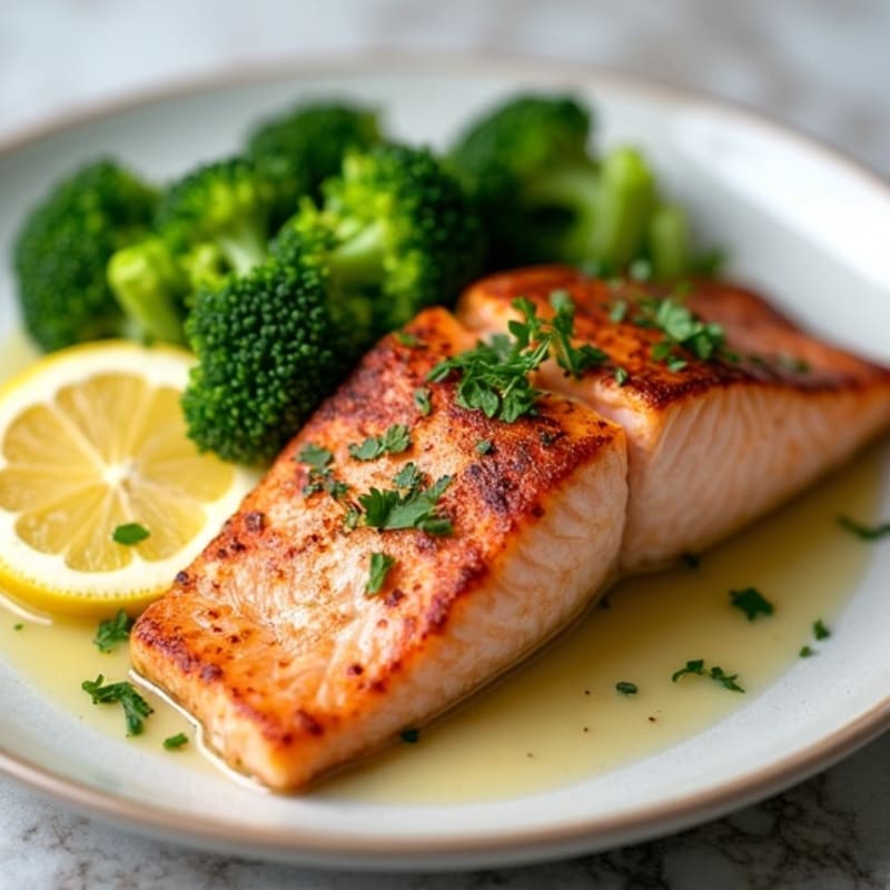 Seared Salmon with Steamed Broccoli and Lemon