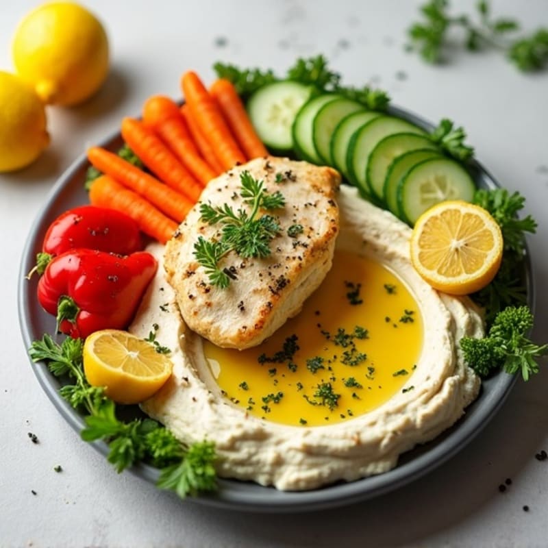 Creamy Hummus Platter with Fresh Crisp Vegetables and Lemon-Herb Chicken