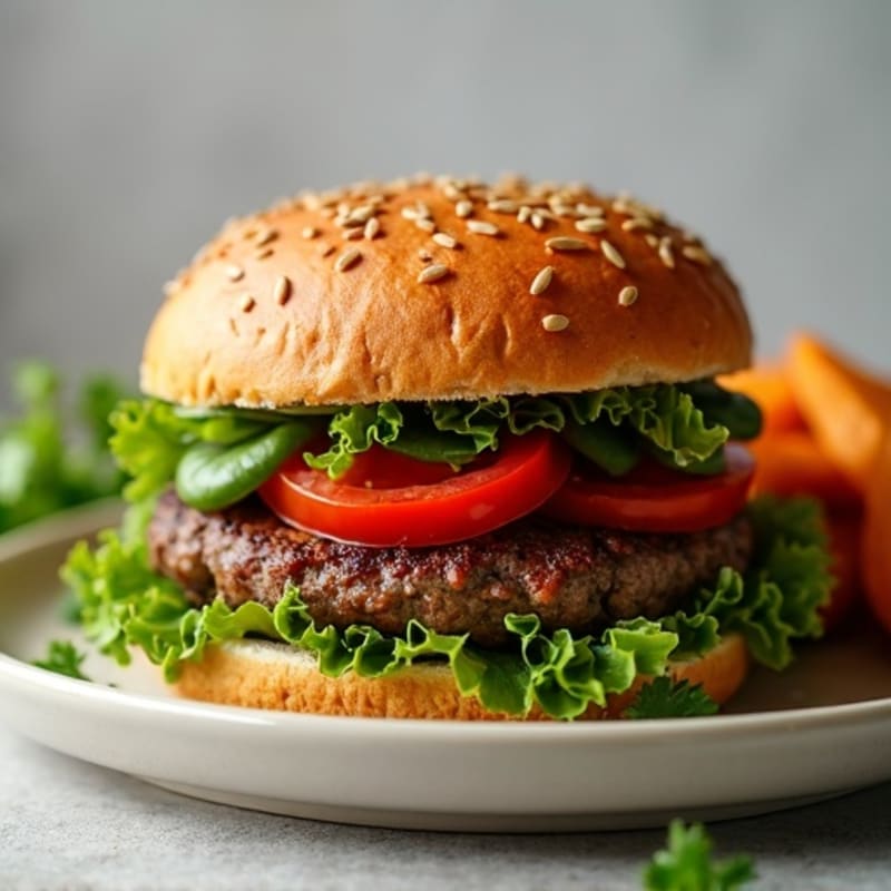 Lean Beef Burger with Fresh Greens and Roasted Sweet Potato Wedges