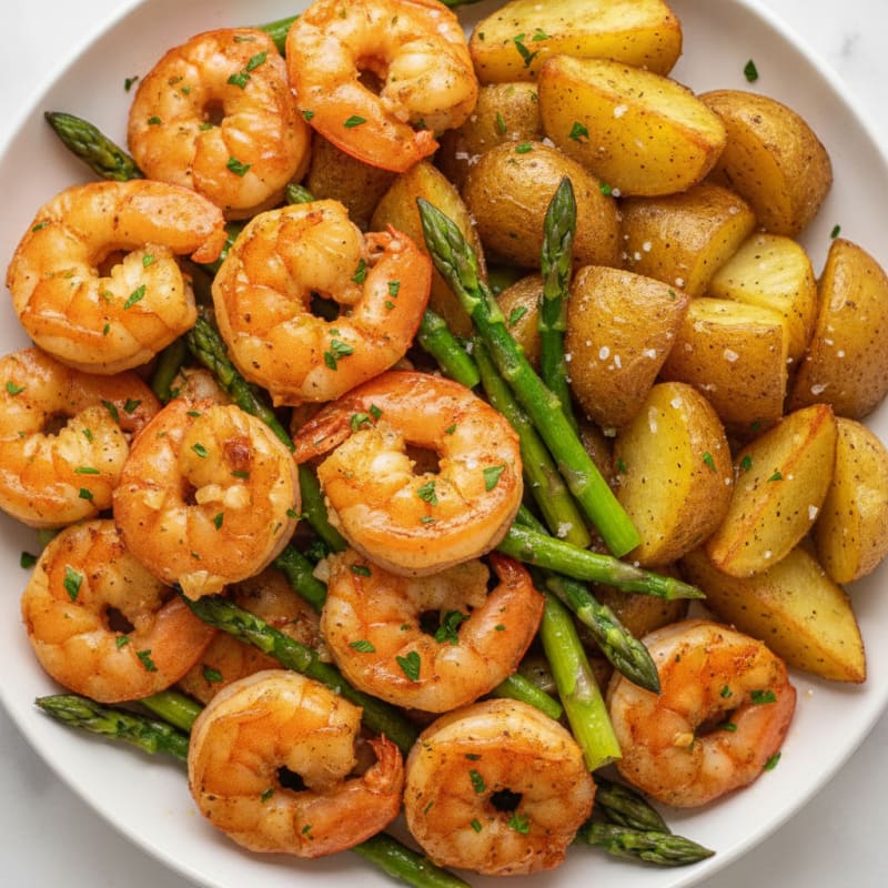 Garlic Shrimp with Roasted Potatoes and Asparagus